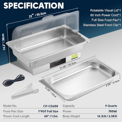 Electric Chafing Dish Buffet Server with Touch Control, 9QT Full Size Food Pan, Stainless Steel Roll Top Food, alternate view