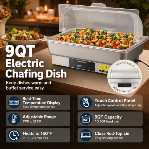 Electric Chafing Dish Buffet Server with Touch Control, 9QT Full Size Food Pan, Stainless Steel Roll Top Food, alternate view