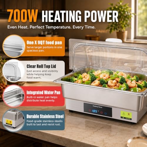 Electric Chafing Dish Buffet Server with Touch Control, 9QT Full Size Food Pan, Stainless Steel Roll Top Food, alternate view