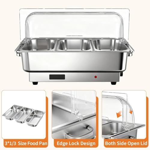 Electric Chafing Dish Buffet Set, 3 × 3 QT Roll Top Food Warmer, alternate view 4