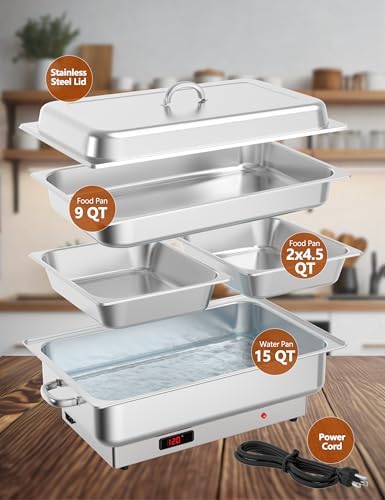 Electric Chafing Dish Buffet Set, 9 QT Food Warmer with Stainless Steel Lid, with 1 Full-Size Pan & 2 Half-Size, alternate