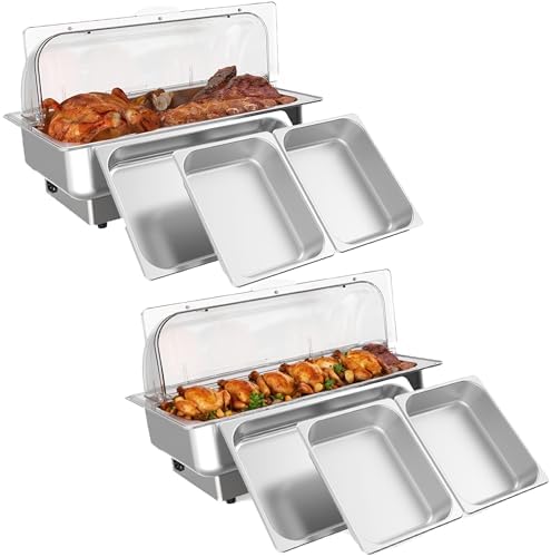 Electric Chafing Dish Buffet Set, 9 qt Roll Top Food Warmer with Transparent PC Lid, with 1 Full-Size Pan & 2