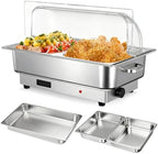 Electric Chafing Dish Buffet Set, 9 qt Roll Top Food Warmer with Transparent PC Lid, with 1 Full-Size Pan & 2