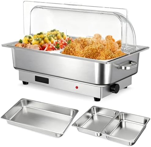 Electric Chafing Dish Buffet Set, 9 qt Roll Top Food Warmer with Transparent PC Lid, with 1 Full-Size Pan & 2