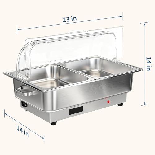 Electric Chafing Dish Buffet Set, 9 qt Roll Top Food Warmer with Transparent PC Lid, with 1 Full-Size Pan & 2, alternate view