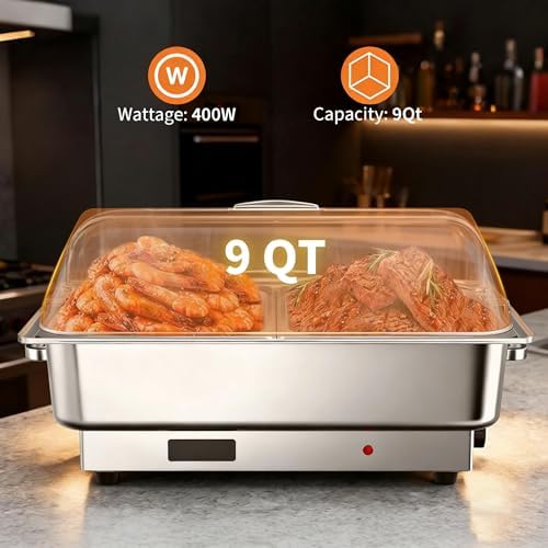 Electric Chafing Dish Buffet Set, 9 qt Roll Top Food Warmer with Transparent PC Lid, with 1 Full-Size Pan & 2, alternate view