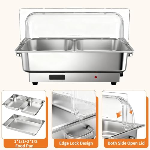 Electric Chafing Dish Buffet Set, 9 qt Roll Top Food Warmer with Transparent PC Lid, with 1 Full-Size Pan & 2, alternate view
