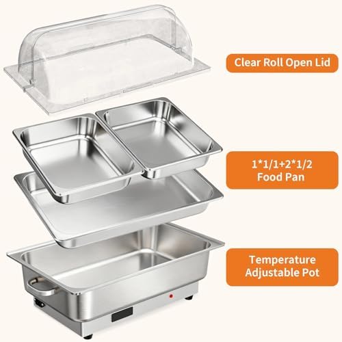 Electric Chafing Dish Buffet Set, 9 qt Roll Top Food Warmer with Transparent PC Lid, with 1 Full-Size Pan & 2, alternate view