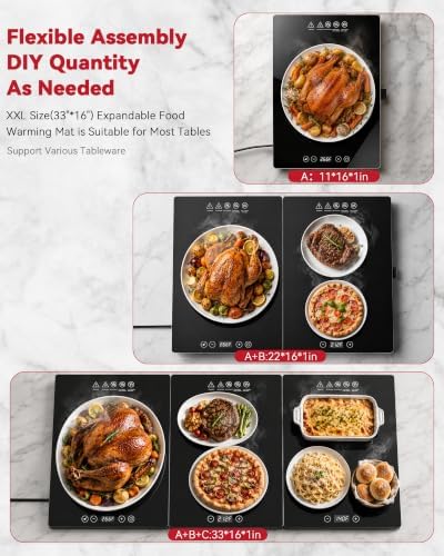 Electric Food Warming Tray, 3 Independent Tempered Glass, 33"x16", alternate view 2