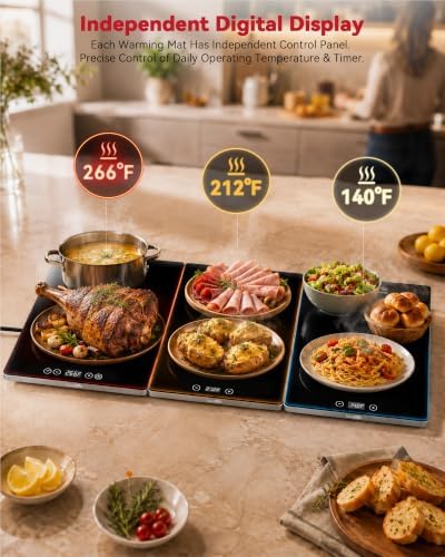 Electric Food Warming Tray, 3 Independent Tempered Glass, 33"x16", alternate view 3