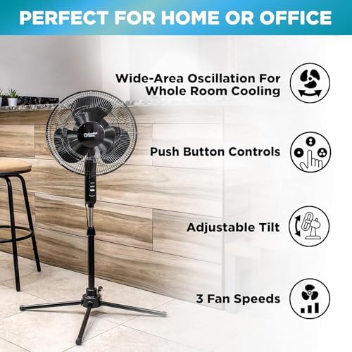 Electric Oscillating Pedestal Fan, Stand Fan, 16 inch, 3 Speed, 90 Degree Oscillating Head, Adjustable Height, alternate view