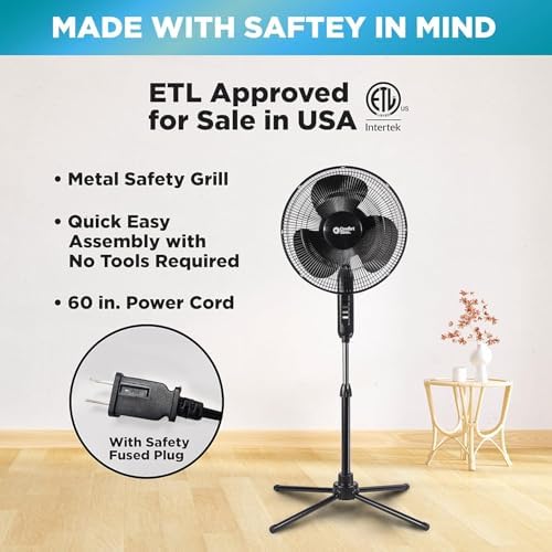 Electric Oscillating Pedestal Fan, Stand Fan, 16 inch, 3 Speed, 90 Degree Oscillating Head, Adjustable Height, alternate view