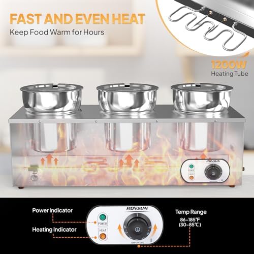 Electric Soup Warmer, 22QT Commercial Food Warmer Steam Table, Countertop Bain Marie with Three 7.4QT Pots, alternate view 4