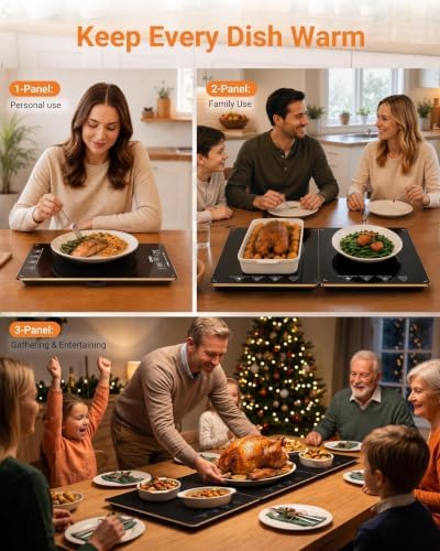 Electric Warming Tray, 3-Pack Modular Glass Food Warming Mat in Black&gloden, alternate view 6