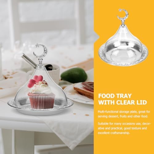 Electroplating Metal Storage Tray with Clear Dome Lid 8 Inch Silver Serving Platter for Food Display and Cheese, alternate