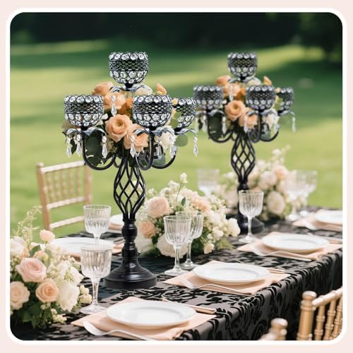 Elegant 5-Head Candelabra Centerpiece with Crystal Pendants - 23 Inch Tall Table Centerpiece for Weddings, alternate view 2