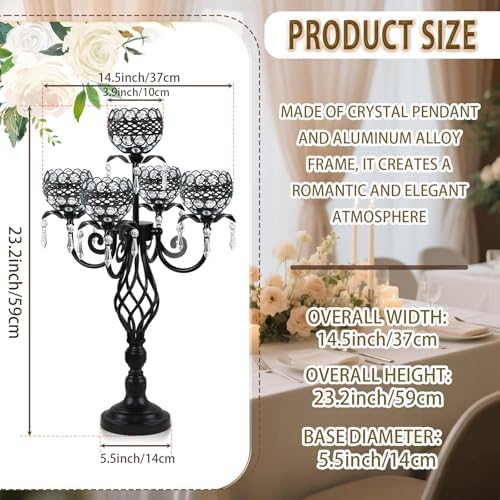 Elegant 5-Head Candelabra Centerpiece with Crystal Pendants - 23 Inch Tall Table Centerpiece for Weddings, alternate view 3