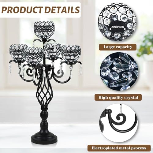 Elegant 5-Head Candelabra Centerpiece with Crystal Pendants - 23 Inch Tall Table Centerpiece for Weddings, alternate view 4