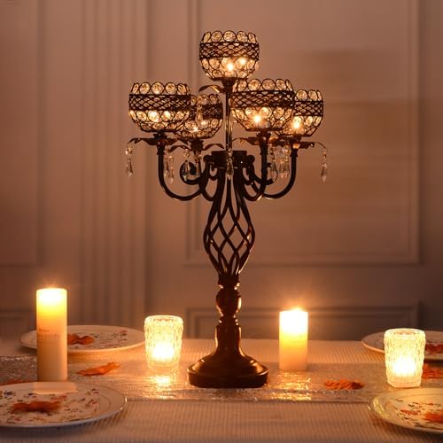 Elegant 5-Head Candelabra Centerpiece with Crystal Pendants - 23 Inch Tall Table Centerpiece for Weddings, alternate view 6