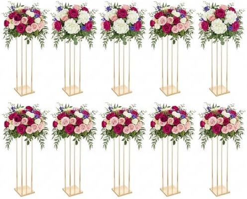 Elegant Geometric Flower Gold Vases - 31.5" Tall Gold Flower Stands for Tables, Set of 10 Metal Column Vases for