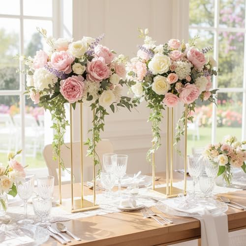 Elegant Geometric Flower Gold Vases - 31.5" Tall Gold Flower Stands for Tables, Set of 10 Metal Column Vases for, alternate
