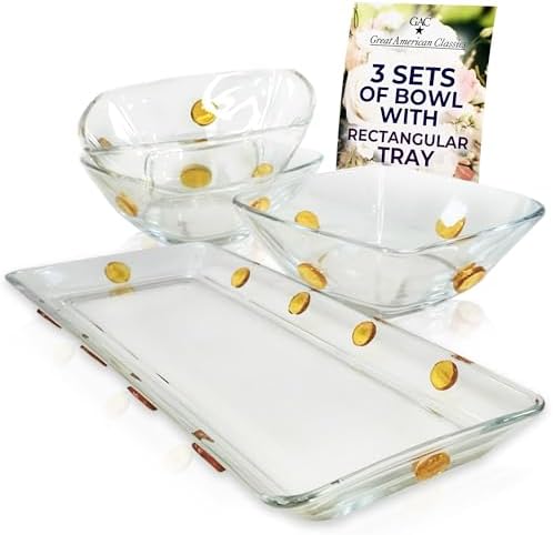 Elegant Glass Square Bowls Set with Matching Rectangular Tray - 3-Piece Decorative Glass Centerpiece with Gold