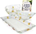 Elegant Glass Square Bowls Set with Matching Rectangular Tray - 3-Piece Decorative Glass Centerpiece with Gold