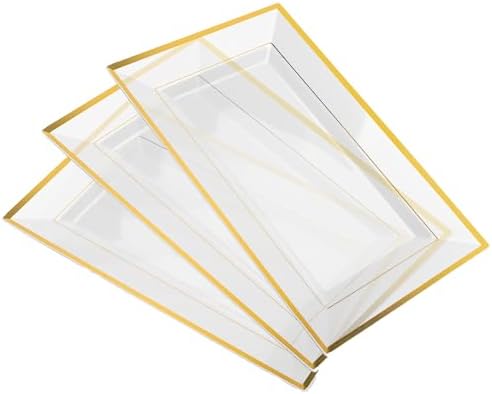 Elegant Plastic Serving Tray & Platter Set (3pk)-Clear & Gold Rim Disposable Serving Trays & Platters for Food