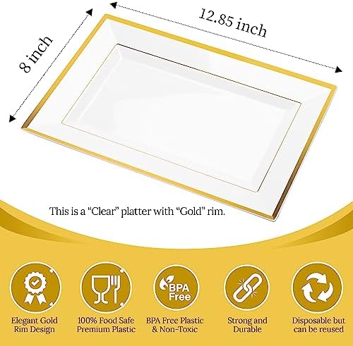 Elegant Plastic Serving Tray & Platter Set (3pk)-Clear & Gold Rim Disposable Serving Trays & Platters for Food, alternate