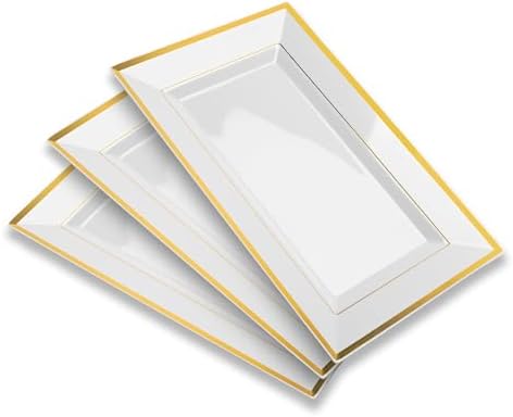 Elegant Plastic Serving Tray & Platter Set (3pk)-White & Gold Rim Disposable Serving Trays & Platters for Food