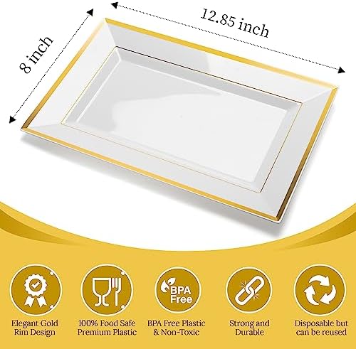 Elegant Plastic Serving Tray & Platter Set (6pk) - White & Gold Rim Disposable Serving Trays & Platters for Food, alternate