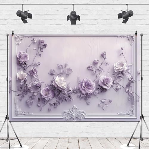 Elegant Purple Flower Wall Backdrop 10x8ft Vinyl Wedding Backdrop Classic Gypsum Wall Pattern Decor Interior, alternate view