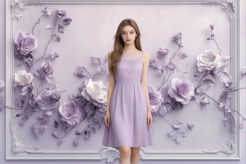 Elegant Purple Flower Wall Backdrop 10x8ft Vinyl Wedding Backdrop Classic Gypsum Wall Pattern Decor Interior, alternate view