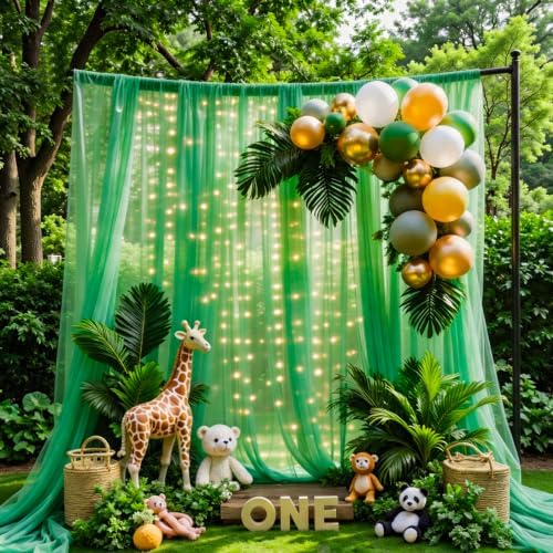 Emerald Green Tulle Backdrop Curtain with String Lights, 10x8ft Sheer Green Backdrop Curtain for Photography