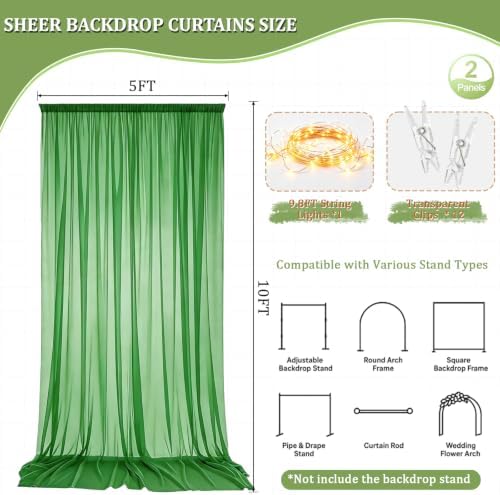 Emerald Green Tulle Backdrop Curtain with String Lights, 10x8ft Sheer Green Backdrop Curtain for Photography, alternate view