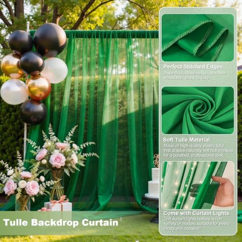 Emerald Green Tulle Backdrop Curtain with String Lights, 10x8ft Sheer Green Backdrop Curtain for Photography, alternate view