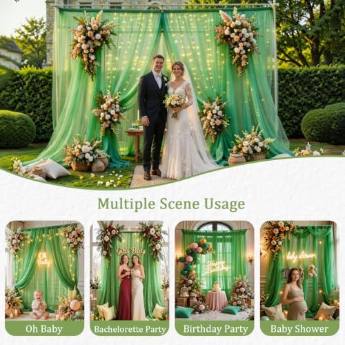 Emerald Green Tulle Backdrop Curtain with String Lights, 10x8ft Sheer Green Backdrop Curtain for Photography, alternate view