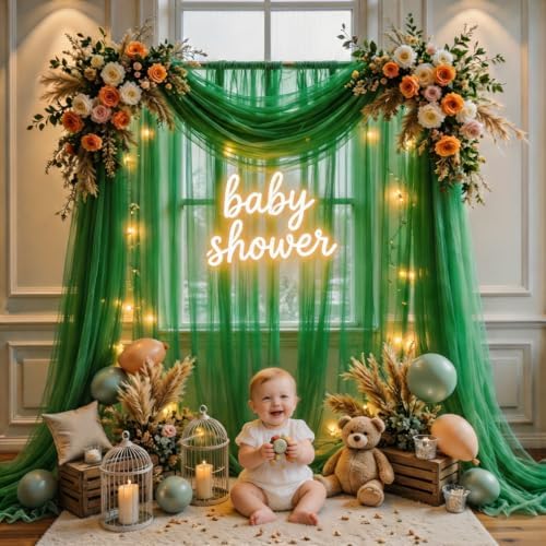 Emerald Green Tulle Backdrop Curtain with String Lights, 10x8ft Sheer Green Backdrop Curtain for Photography, alternate view