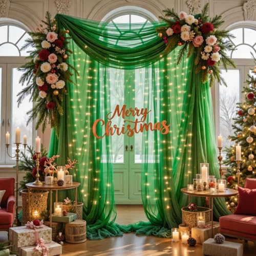 Emerald Green Tulle Backdrop Curtain with String Lights, 10x8ft Sheer Green Backdrop Curtain for Photography, alternate view