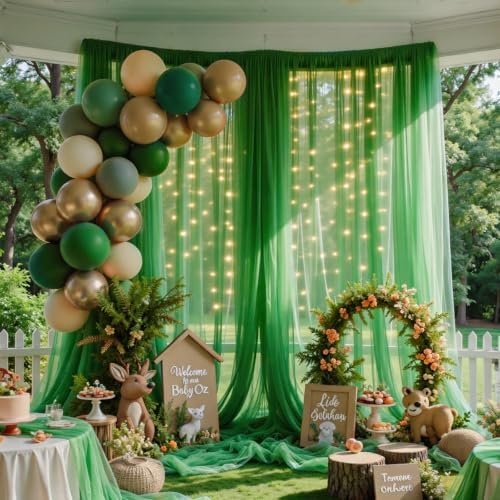 Emerald Green Tulle Backdrop Curtain with String Lights, 10x8ft Sheer Green Backdrop Curtain for Photography, alternate view