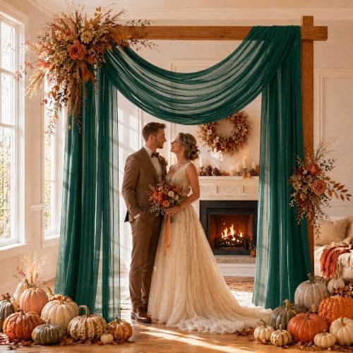 Emerald Green Wedding Arch Draping Fabric Sheer Curtain Drapes 2 Panels | 20ft Extra Long Shimmery Backdrop, alternate view 3