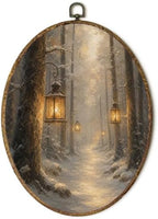 Enchanted Winter Forest Lanterns Oval Wall Art, Snowy Woodland Path Framed Canvas Prints Wall Art, Glowing