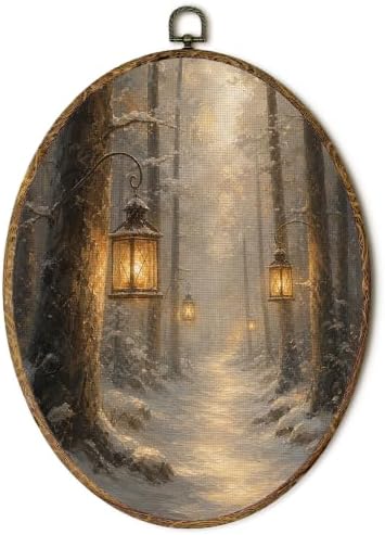 Enchanted Winter Forest Lanterns Oval Wall Art, Snowy Woodland Path Framed Canvas Prints Wall Art, Glowing