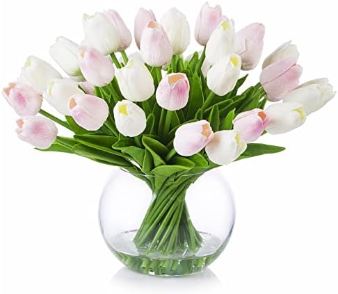 ENOVA FLORAL 30 Pieces Artificial Real Touch Tulips Flowers with Vase, Fake White Pink Tulips Flowers with Vase