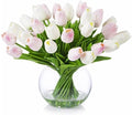 ENOVA FLORAL 30 Pieces Artificial Real Touch Tulips Flowers with Vase, Fake White Pink Tulips Flowers with Vase