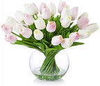 ENOVA FLORAL 30 Pieces Artificial Real Touch Tulips Flowers with Vase, Fake White Pink Tulips Flowers with Vase