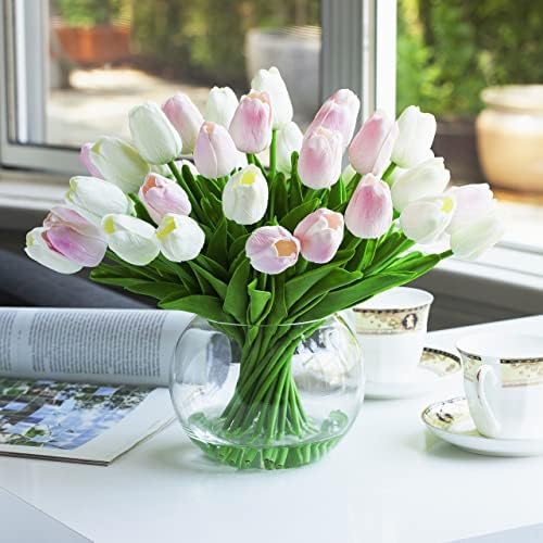 ENOVA FLORAL 30 Pieces Artificial Real Touch Tulips Flowers with Vase, Fake White Pink Tulips Flowers with Vase, alternate