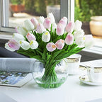 ENOVA FLORAL 30 Pieces Artificial Real Touch Tulips Flowers with Vase, Fake White Pink Tulips Flowers with Vase, alternate