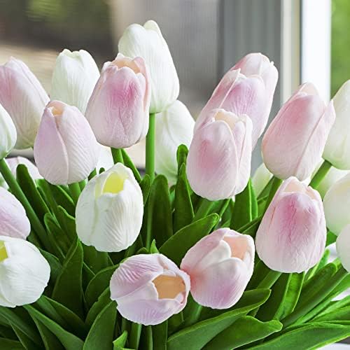 ENOVA FLORAL 30 Pieces Artificial Real Touch Tulips Flowers with Vase, Fake White Pink Tulips Flowers with Vase, alternate