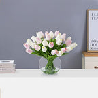 ENOVA FLORAL 30 Pieces Artificial Real Touch Tulips Flowers with Vase, Fake White Pink Tulips Flowers with Vase, alternate